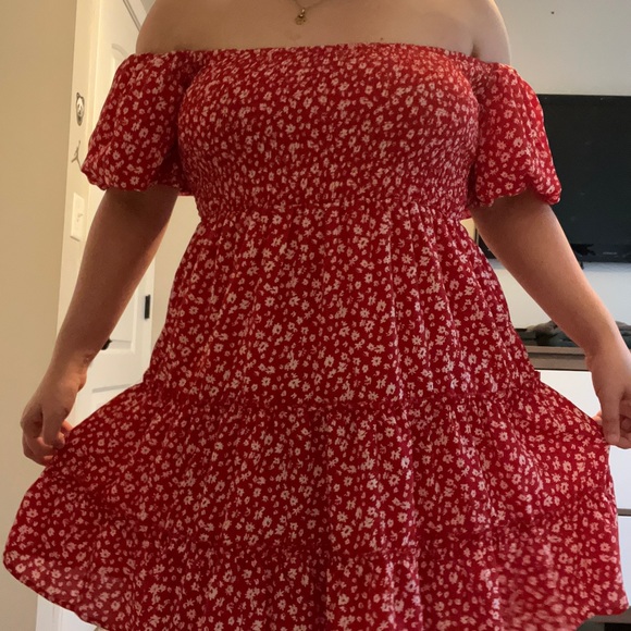 Red Flower Off The Should Dress - Picture 2 of 2